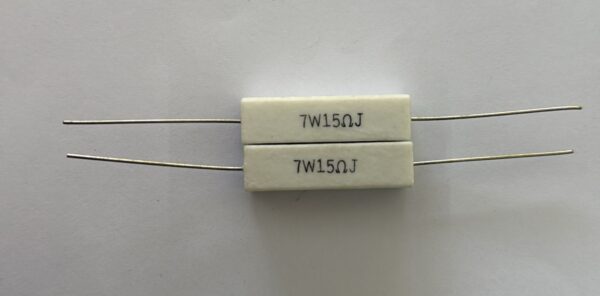 Electronic component: 7 watt, 5%, 15 ohm resistor.