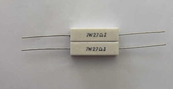 Electronic component: 7 watt, 5%, 27 ohm resistor.