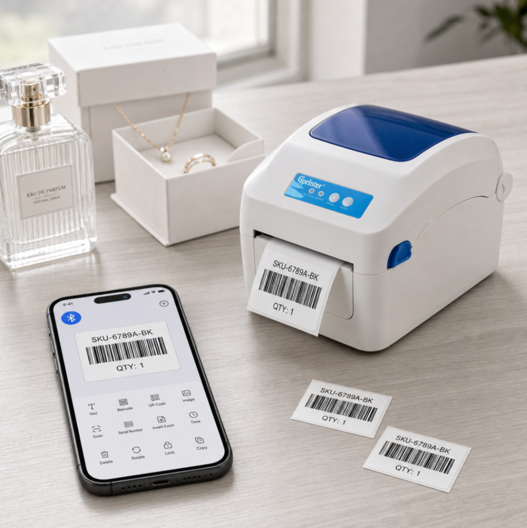 Warehouse Label Printer for Shelf Location Code Tote Box Labels Storage Bins 203dpi USB Bluetooth Desktop Barcode Printer White